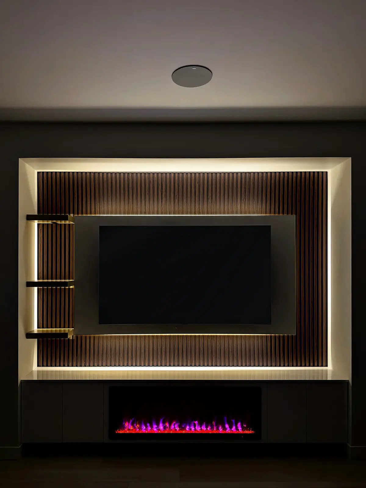 Backlit Walnut Fluted Fireplace Wall, Living Room, Winnipeg