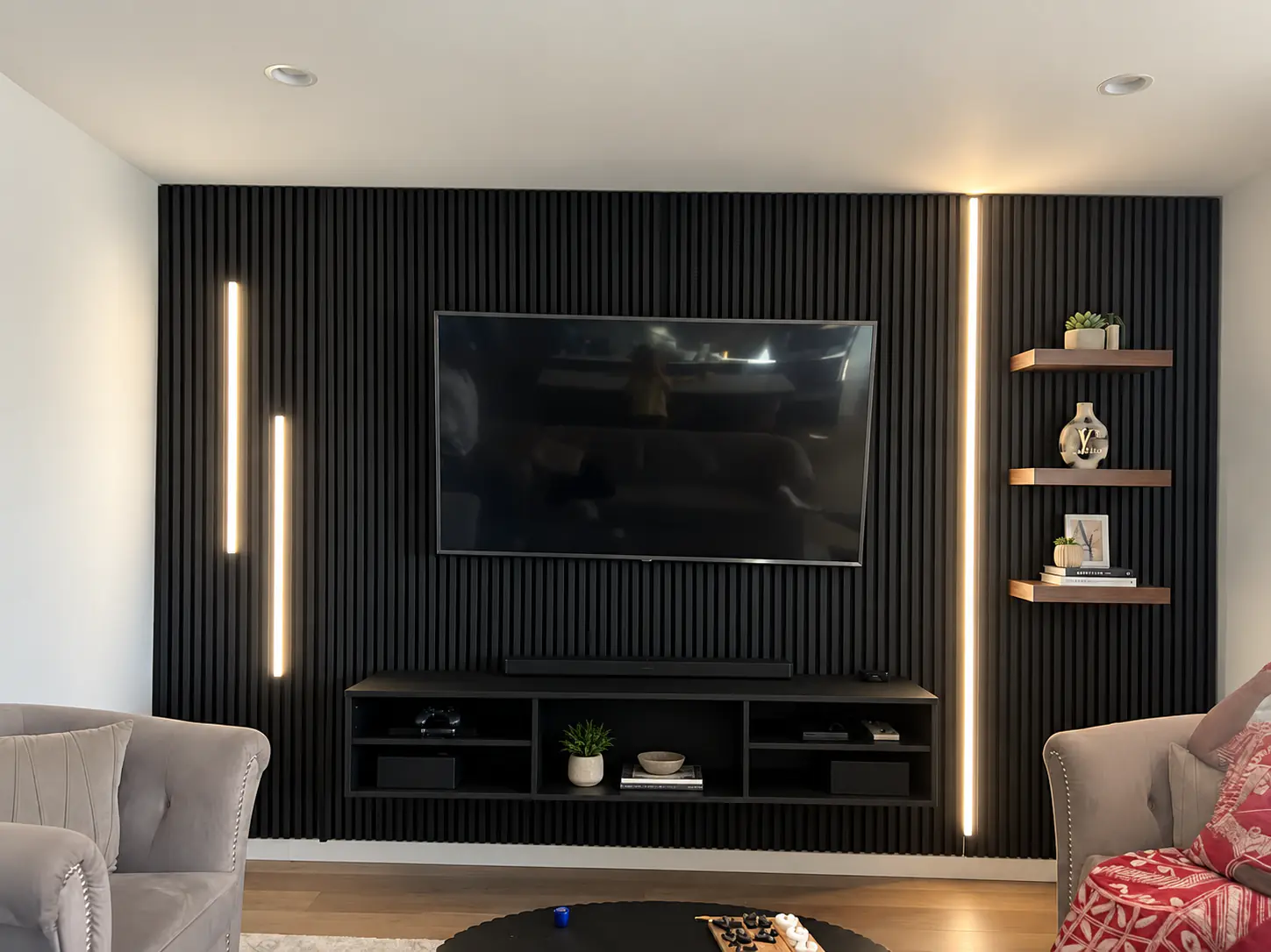 Black Fluted Wall with Floating Shelves, Living Room, Winnipeg