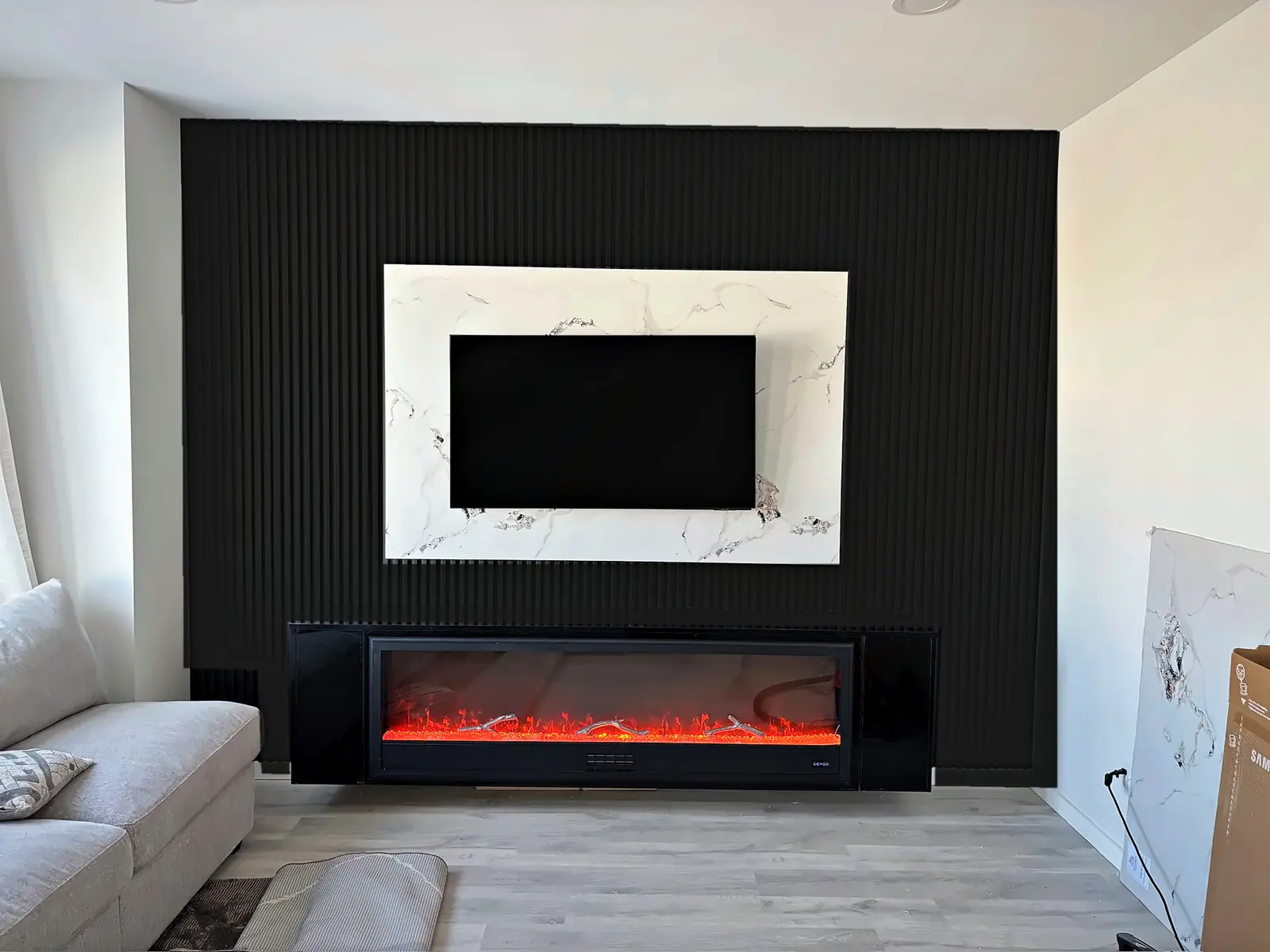 Marble-Framed Fireplace Wall, Black Fluted, Living Room, Winnipeg