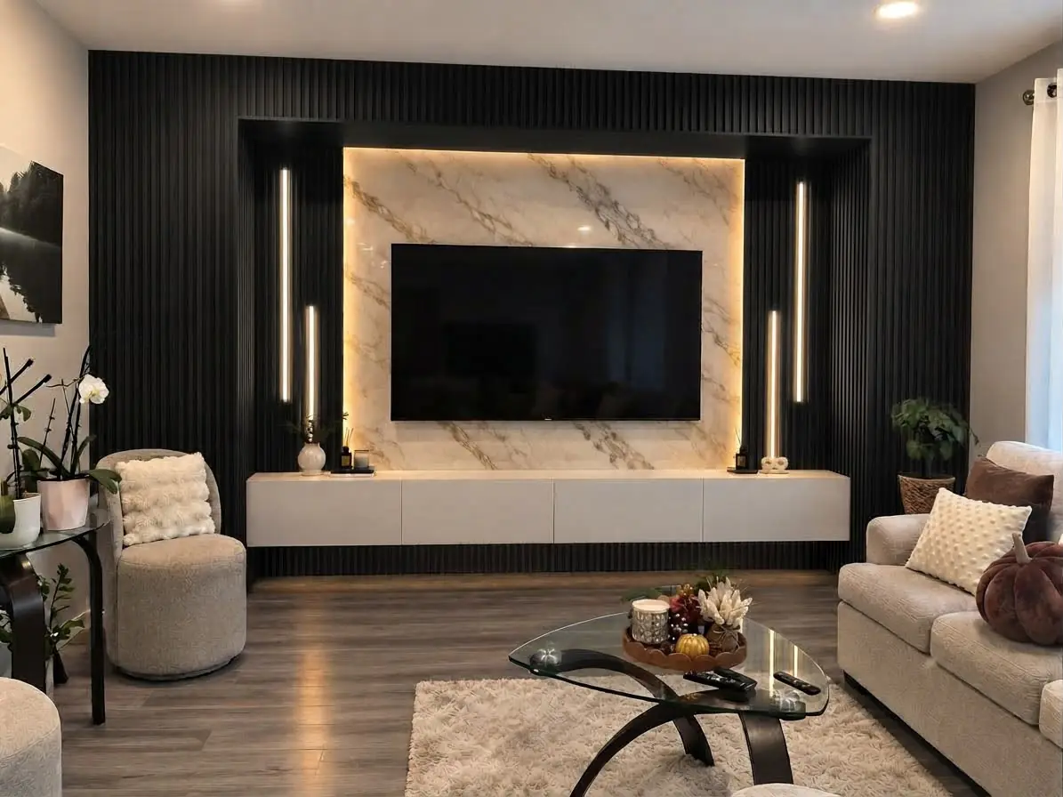 Recessed Marble Niche, Black Fluted, Living Room, Winnipeg