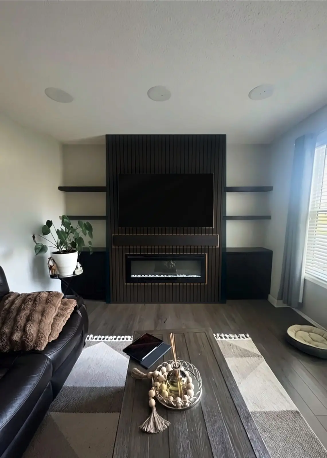 Dark Fluted Fireplace Wall with Shelving, Living Room, Winnipeg