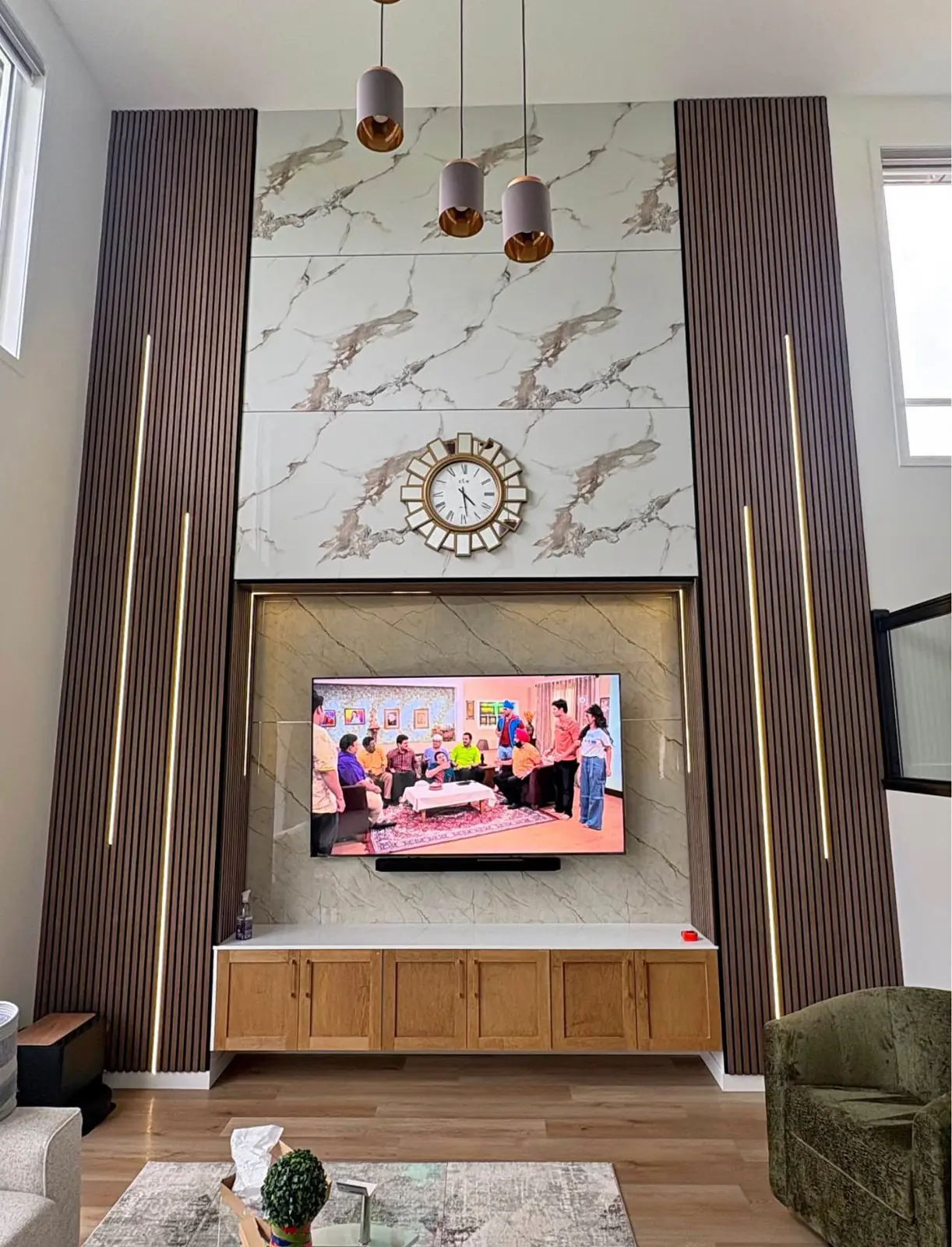 Double-Height Marble Feature Wall, Great Room, Winnipeg
