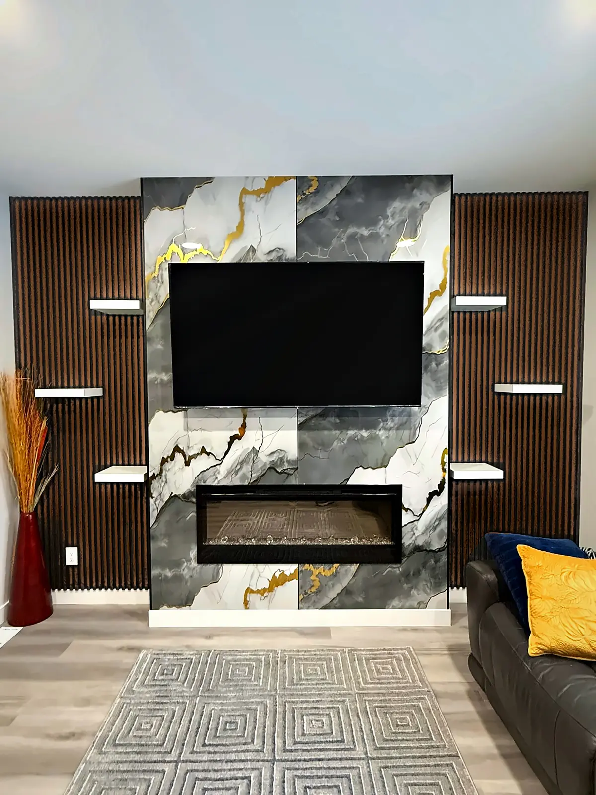 Gold-Veined Marble Fireplace Wall, Living Room, Winnipeg