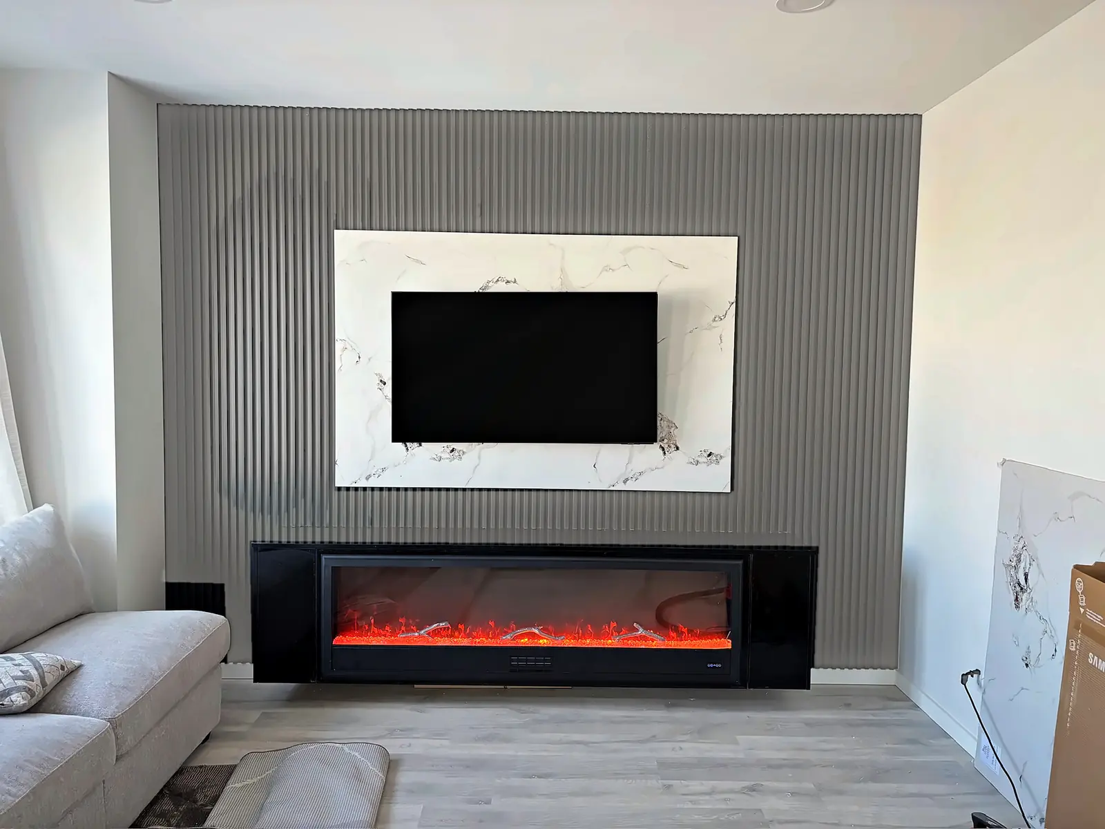 Marble-Framed Fireplace Wall, Grey Fluted, Living Room, Winnipeg