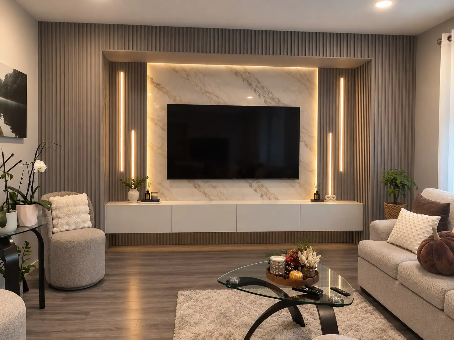Recessed Marble Niche, Grey Fluted, Living Room, Winnipeg