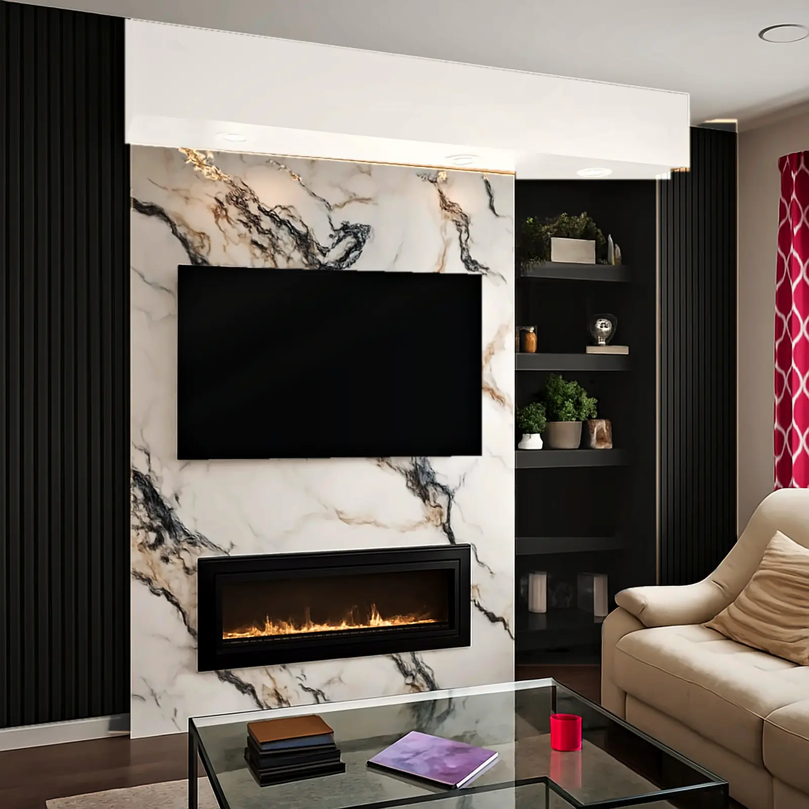Marble Fireplace Wall with Built-ins, Living Room, Winnipeg