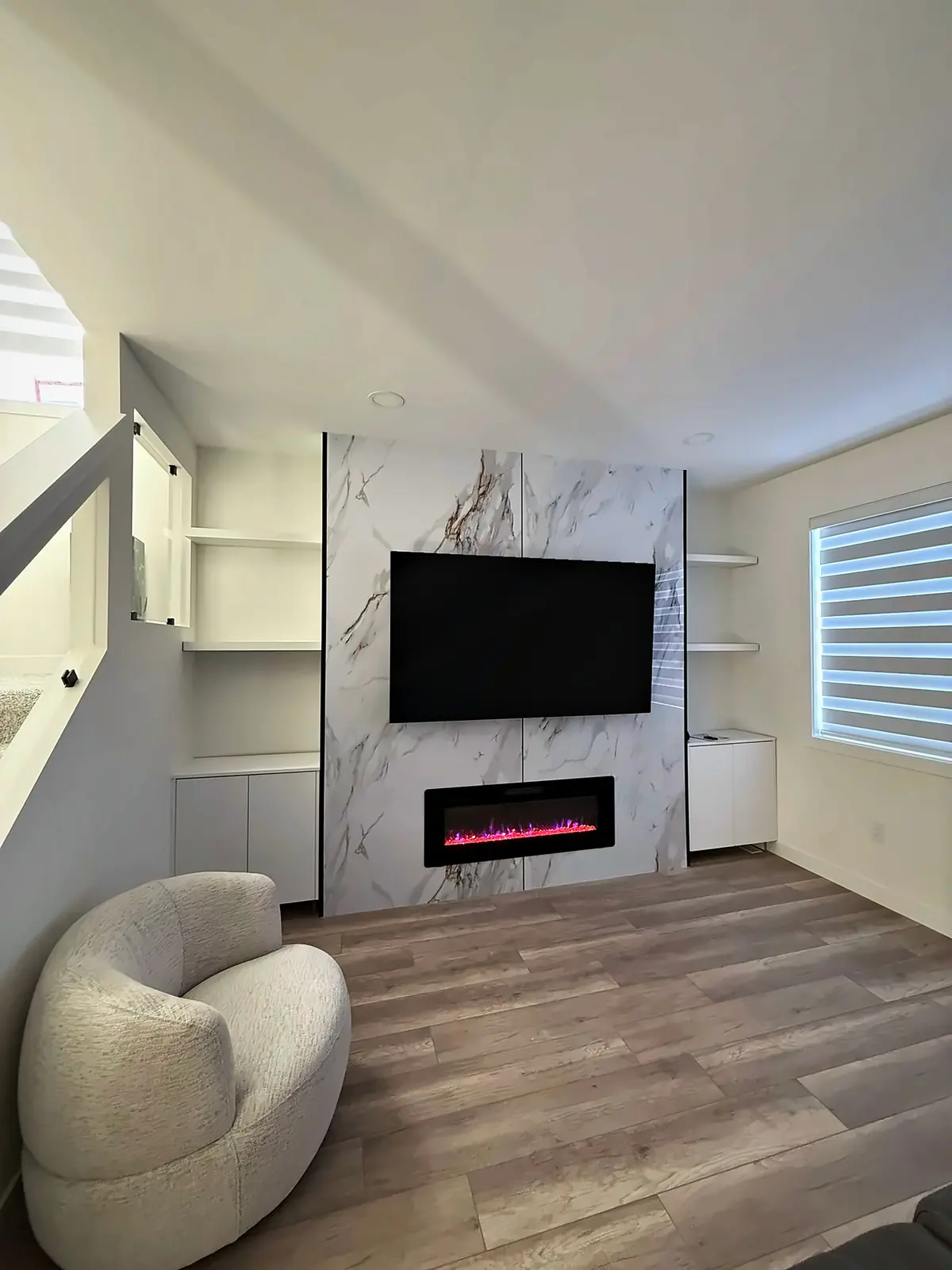 Marble Fireplace Wall with Open Shelving, Living Room, Winnipeg