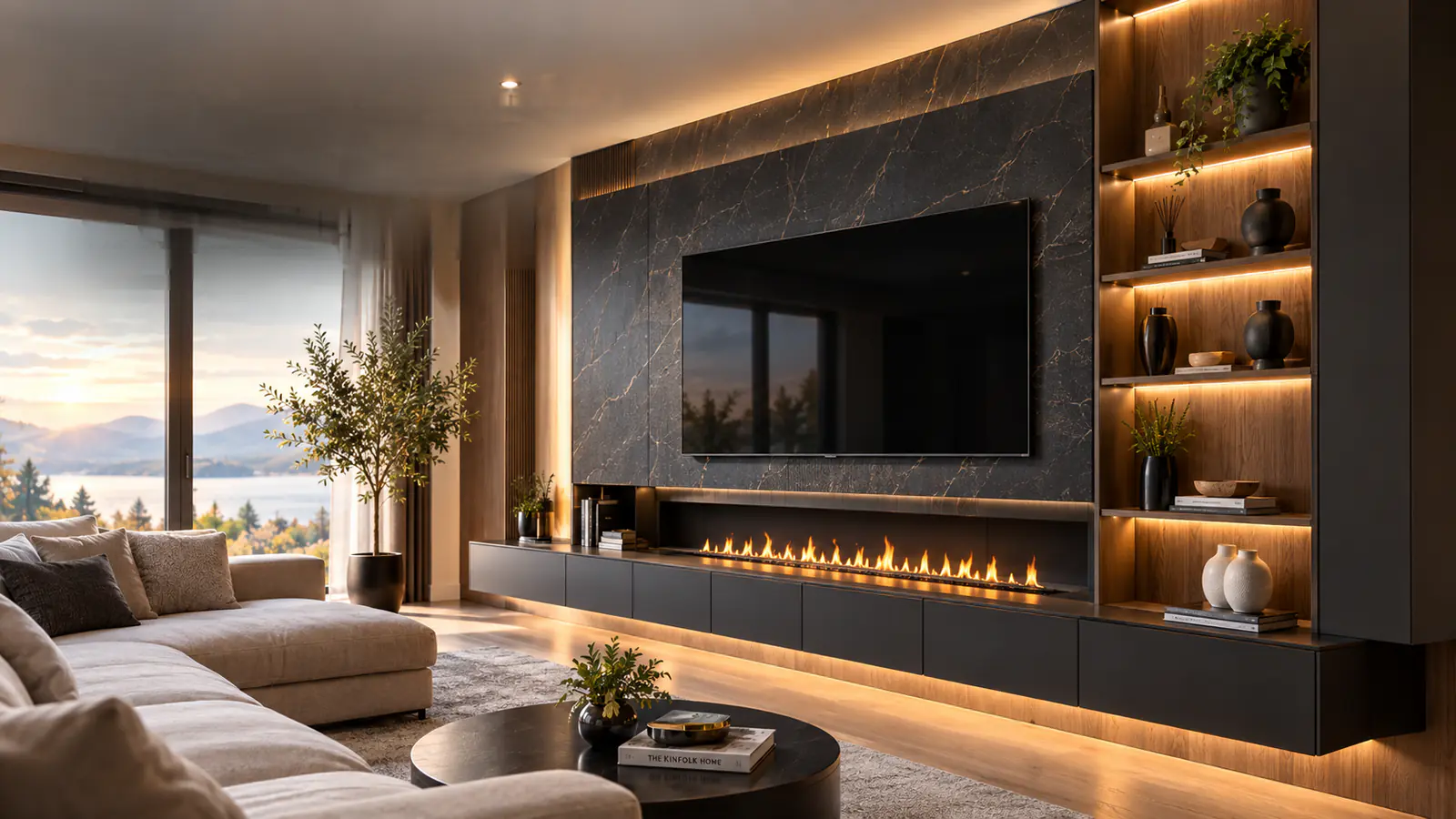 Stone Fireplace Wall with LED Shelving, Living Room, Winnipeg