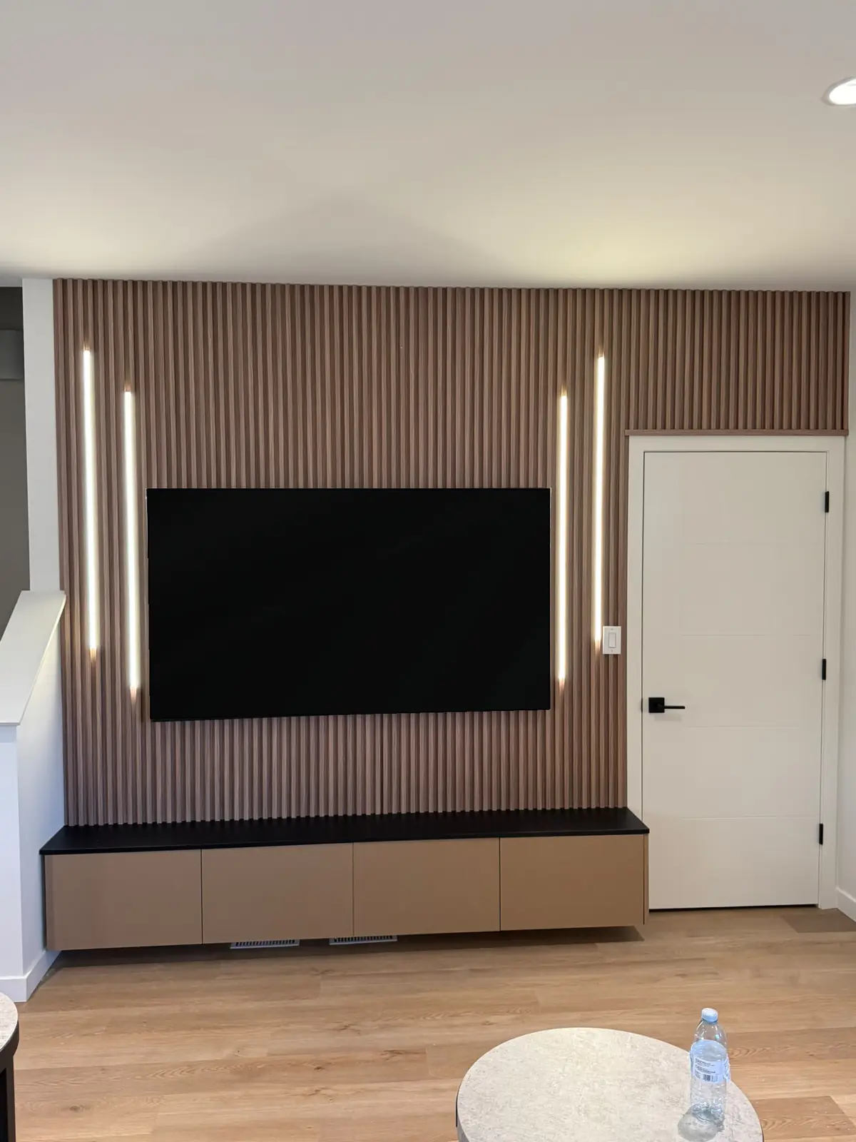 Walnut Fluted Wall with Floating Console, Living Room, Winnipeg