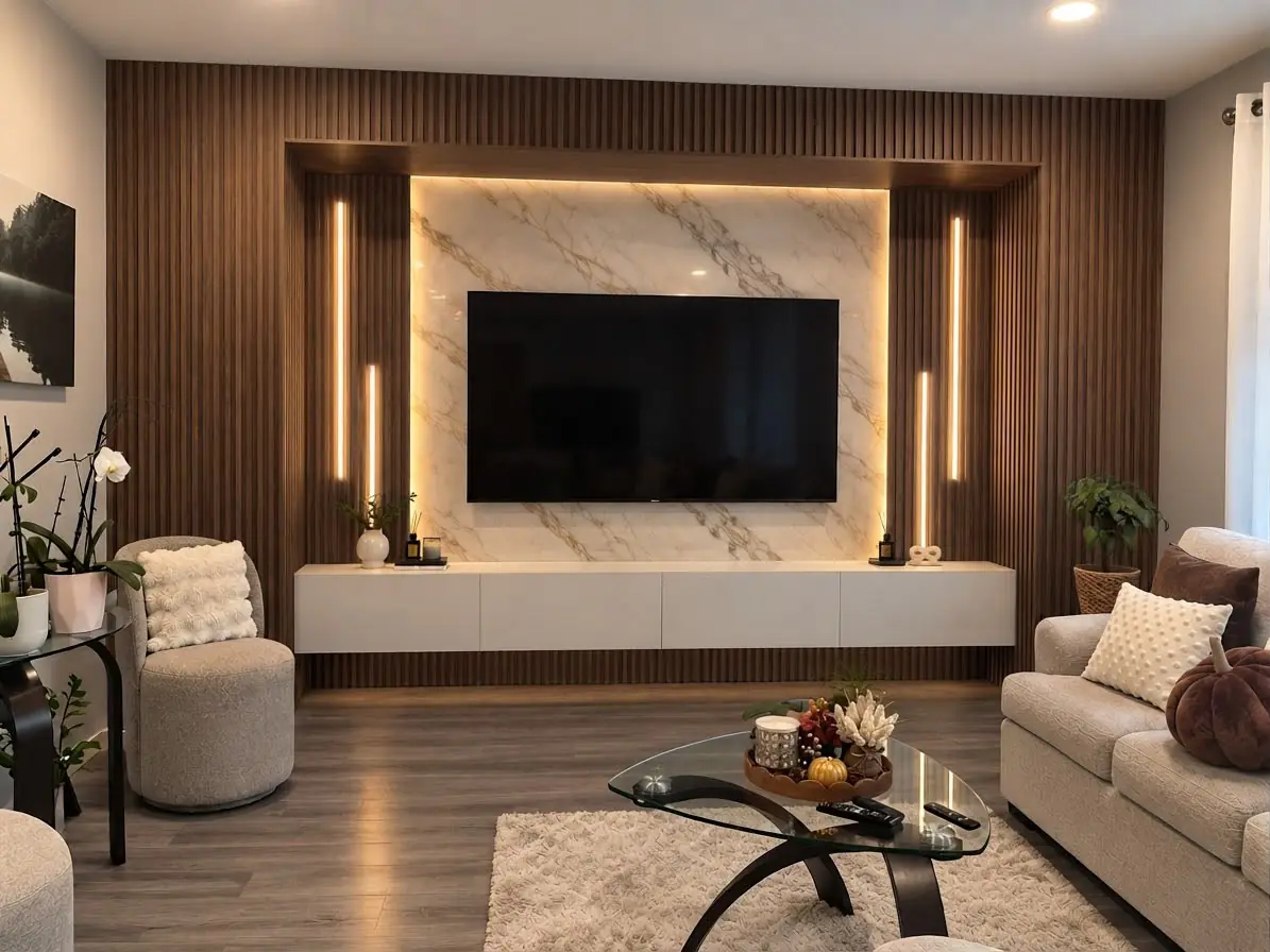 Recessed Marble Niche, Walnut Fluted, Living Room, Winnipeg