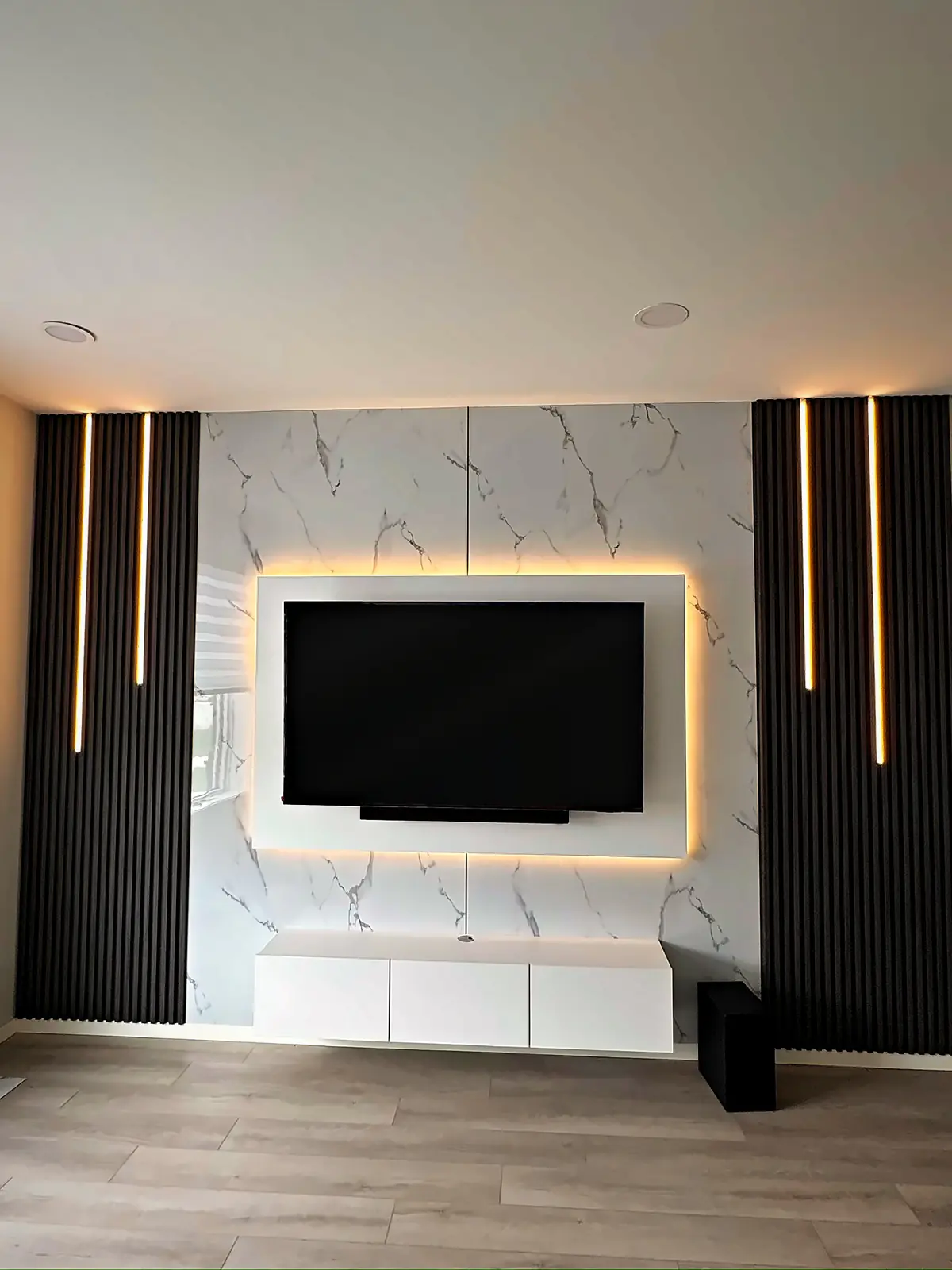 White Marble & Black Fluted LED Wall, Living Room, Winnipeg