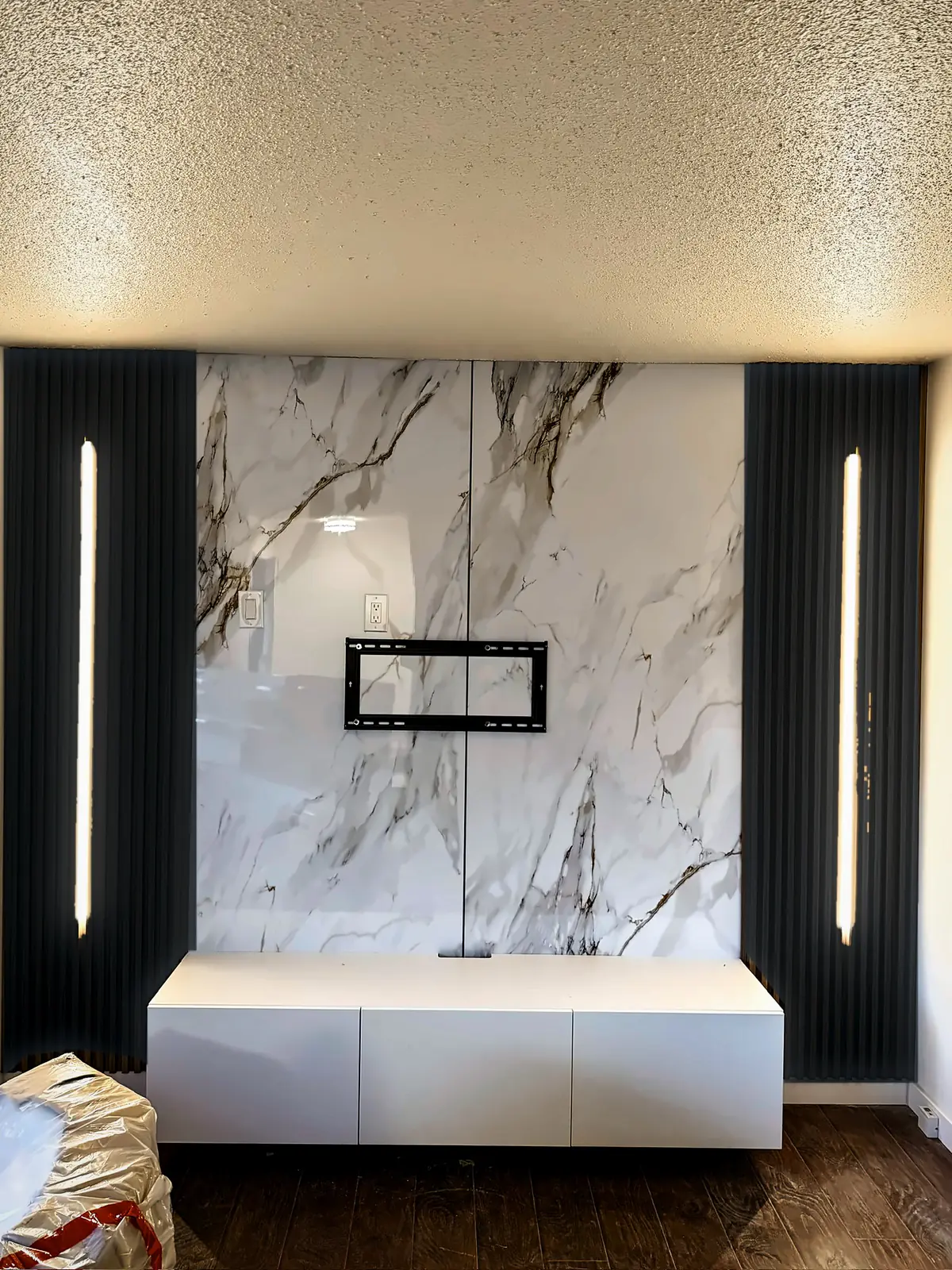 Marble Slab Wall with Floating Console, Living Room, Winnipeg